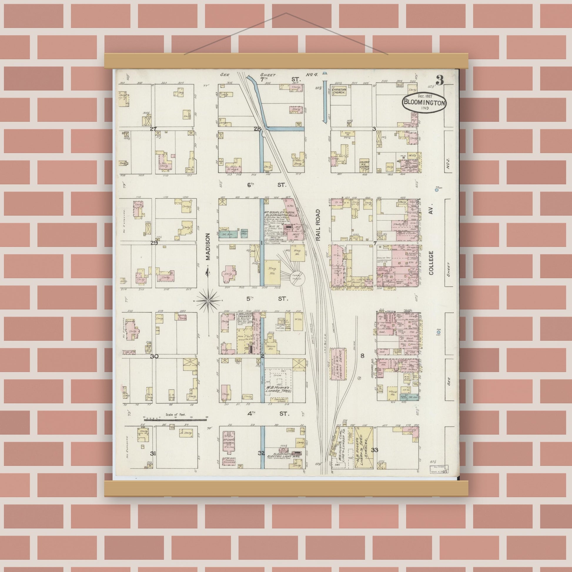 Old map wall art mockup — magnetic wood frame on brick wall — Sanborn Fire Insurance Map from Bloomington, Monroe County, Indiana (1887), Sheet #0003