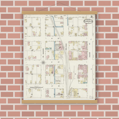 Old map wall art mockup — magnetic wood frame on brick wall — Sanborn Fire Insurance Map from Bloomington, Monroe County, Indiana (1887), Sheet #0003
