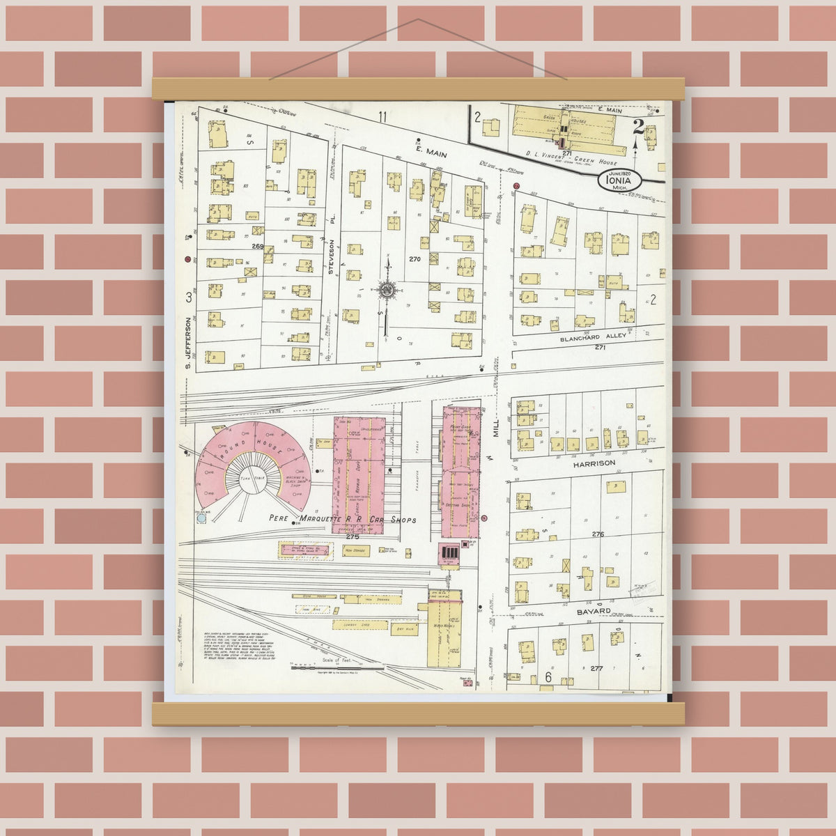 Old map wall art mockup — magnetic wood frame on brick wall — Sanborn Fire Insurance Map from Ionia, Ionia County, Michigan (1920), Sheet #0002