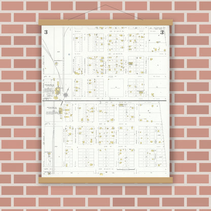 Old map wall art mockup — magnetic wood frame on brick wall — Sanborn Fire Insurance Map from McGregor, McLennan County, Texas (1932), Sheet #0003