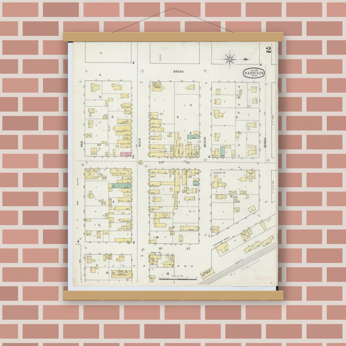 Old map wall art mockup — magnetic wood frame on brick wall — Sanborn Fire Insurance Map from Harrison, Clare County, Michigan (1895), Sheet #0002