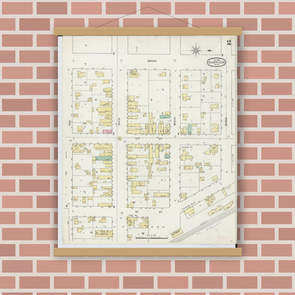Old map wall art mockup — magnetic wood frame on brick wall — Sanborn Fire Insurance Map from Harrison, Clare County, Michigan (1895), Sheet #0002