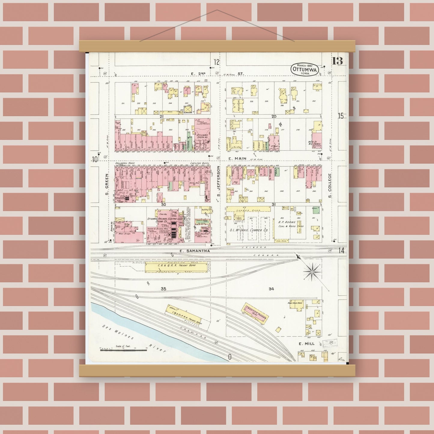 Old map wall art mockup — magnetic wood frame on brick wall — Sanborn Fire Insurance Map from Ottumwa, Wapello County, Iowa (1897), Sheet #0013