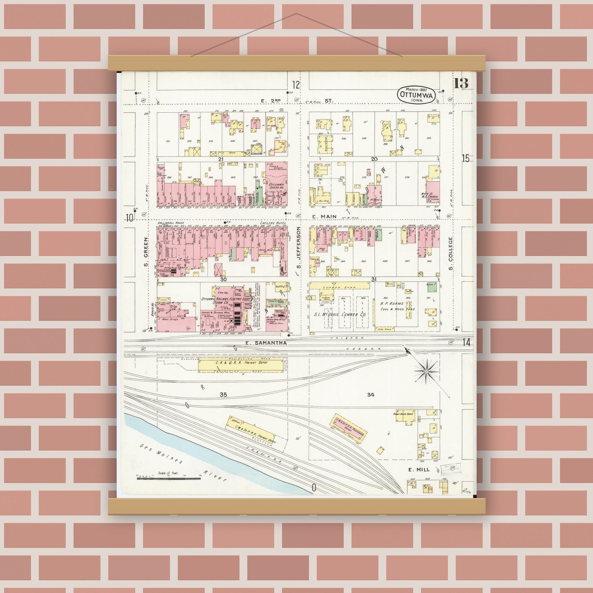 Old map wall art mockup — magnetic wood frame on brick wall — Sanborn Fire Insurance Map from Ottumwa, Wapello County, Iowa (1897), Sheet #0013