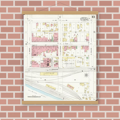 Old map wall art mockup — magnetic wood frame on brick wall — Sanborn Fire Insurance Map from Ottumwa, Wapello County, Iowa (1897), Sheet #0013