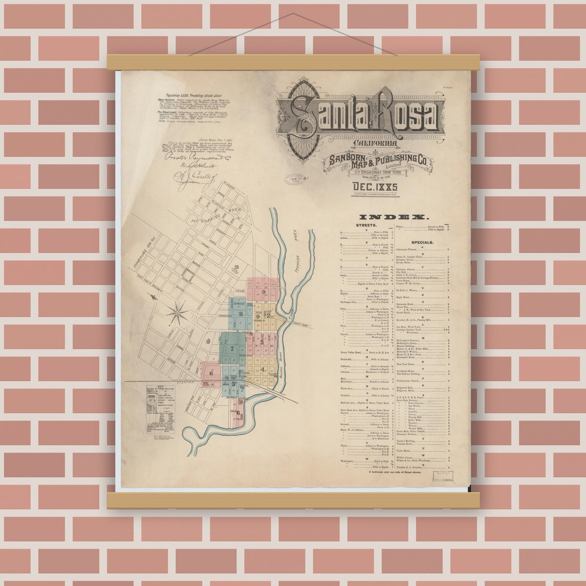Old map wall art mockup — magnetic wood frame on brick wall — Sanborn Fire Insurance Map from Santa Rosa, Sonoma County, California (1885) - Complete Map Set