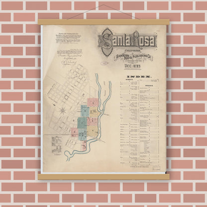 Old map wall art mockup — magnetic wood frame on brick wall — Sanborn Fire Insurance Map from Santa Rosa, Sonoma County, California (1885) - Complete Map Set