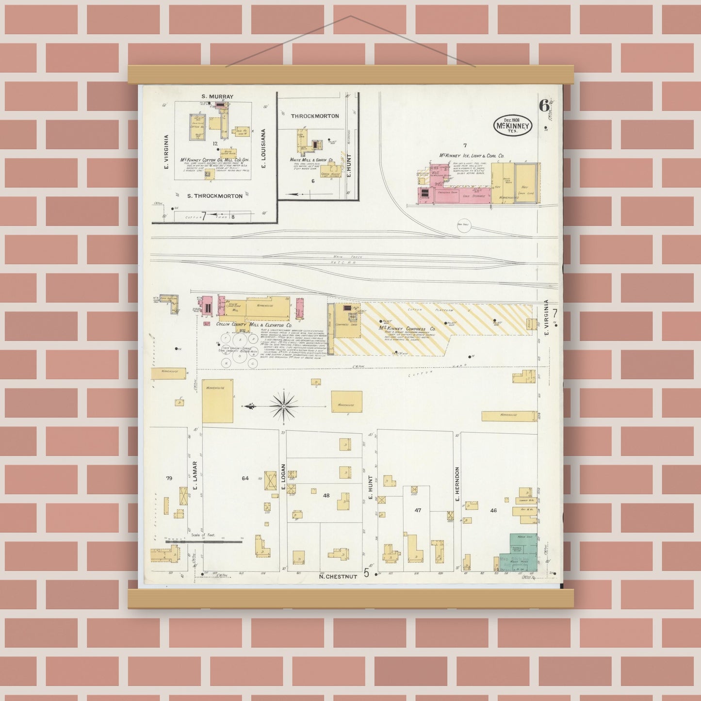 Old map wall art mockup — magnetic wood frame on brick wall — Sanborn Fire Insurance Map from McKinney, Collin County, Texas (1908), Sheet #0006