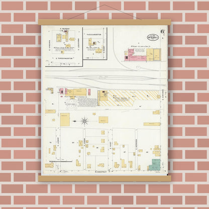 Old map wall art mockup — magnetic wood frame on brick wall — Sanborn Fire Insurance Map from McKinney, Collin County, Texas (1908), Sheet #0006