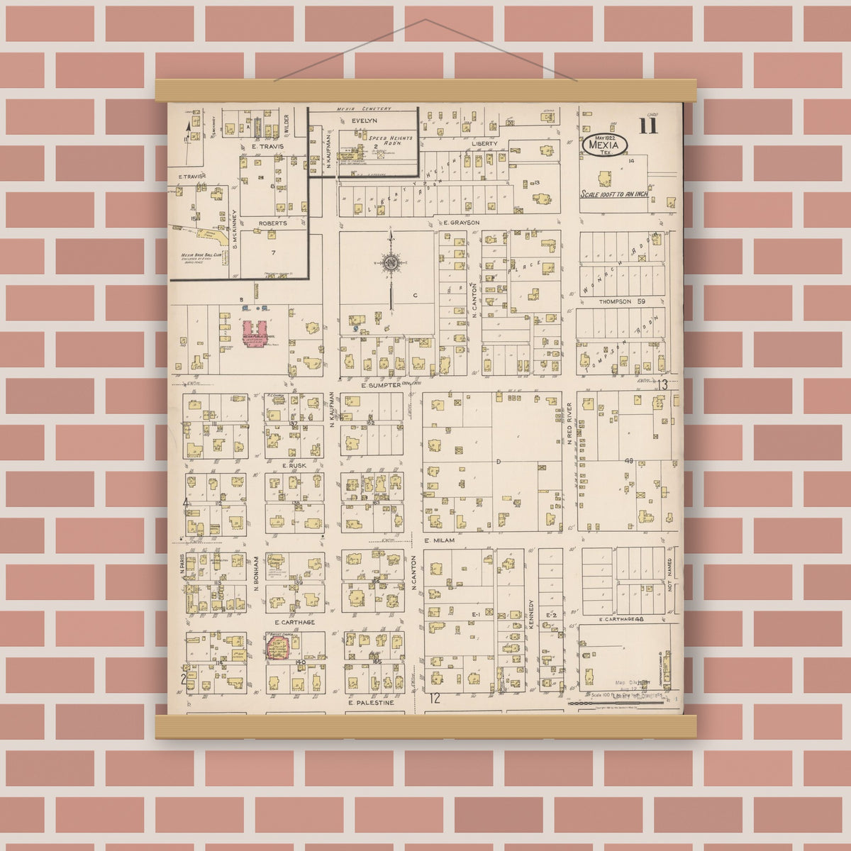Old map wall art mockup — magnetic wood frame on brick wall — Sanborn Fire Insurance Map from Mexia, Limestone County, Texas (1922), Sheet #0011