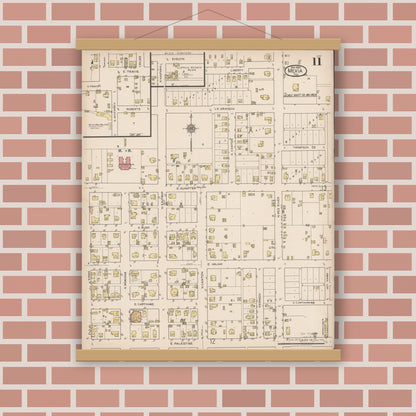 Old map wall art mockup — magnetic wood frame on brick wall — Sanborn Fire Insurance Map from Mexia, Limestone County, Texas (1922), Sheet #0011
