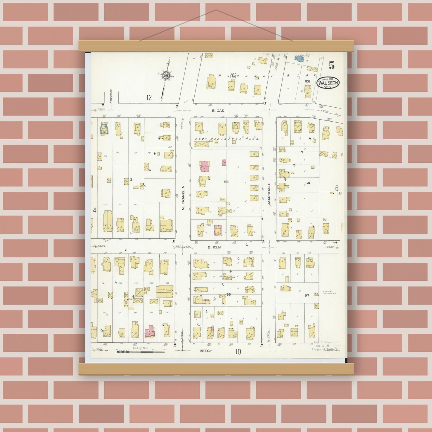 Old map wall art mockup — magnetic wood frame on brick wall — Sanborn Fire Insurance Map from Wauseon, Fulton County, Ohio (1916), Sheet #0005