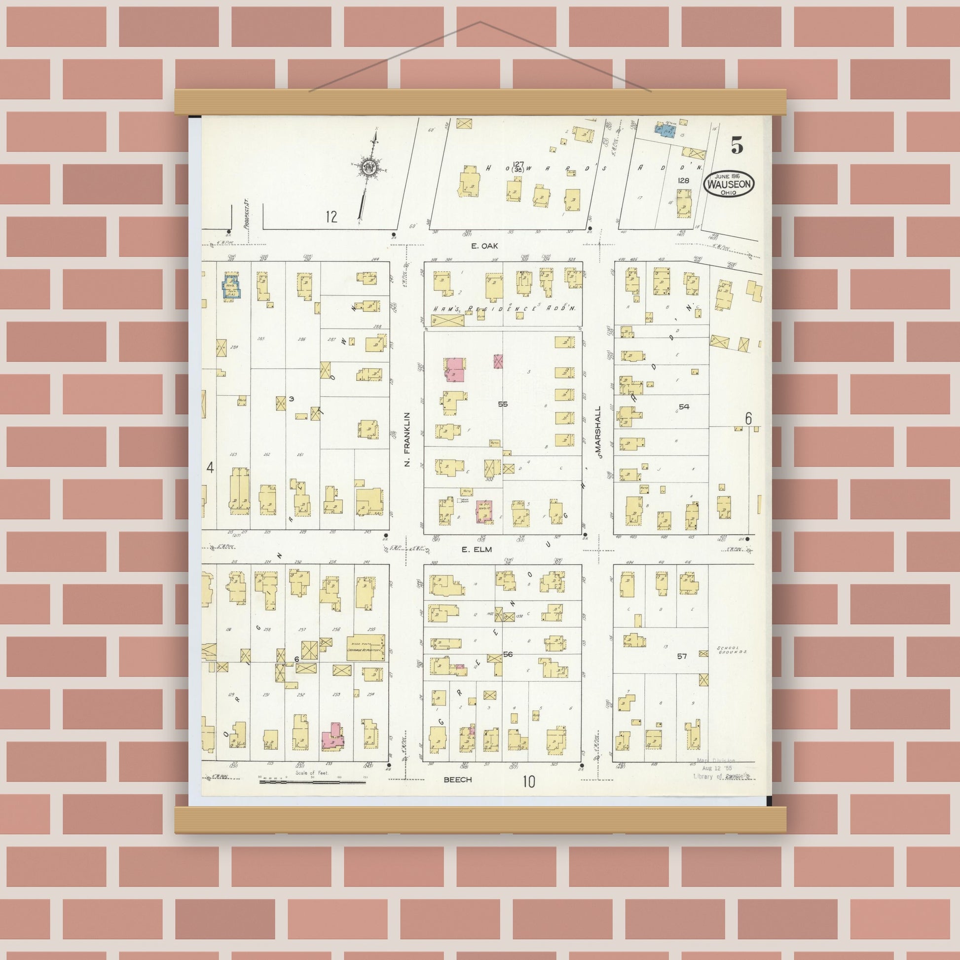 Old map wall art mockup — magnetic wood frame on brick wall — Sanborn Fire Insurance Map from Wauseon, Fulton County, Ohio (1916), Sheet #0005
