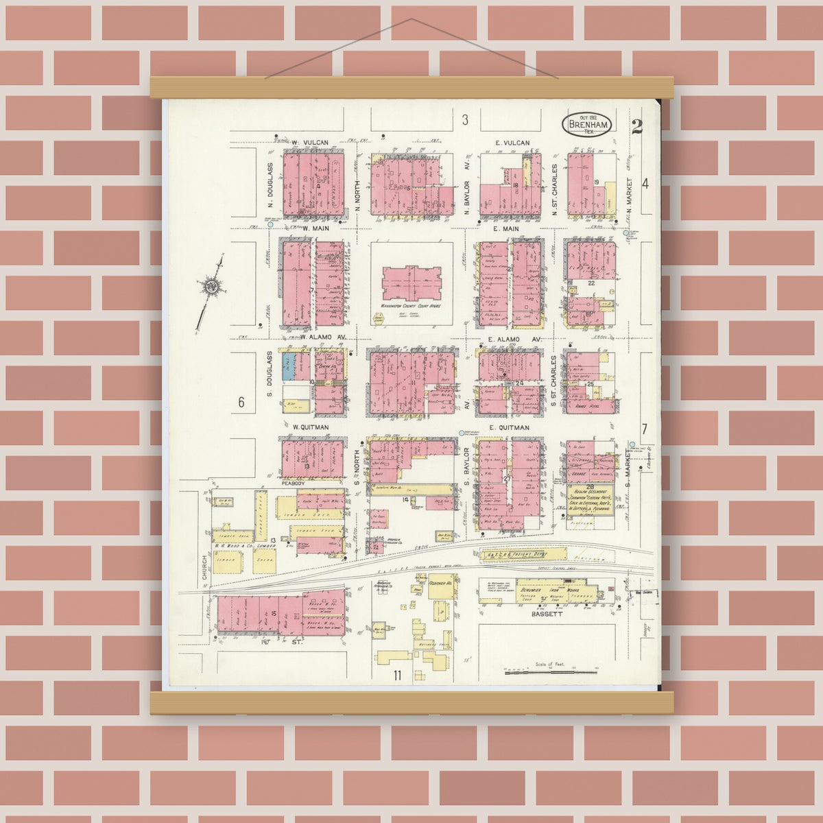 Old map wall art mockup — magnetic wood frame on brick wall — Sanborn Fire Insurance Map from Brenham, Washington County, Texas (1912), Sheet #0002