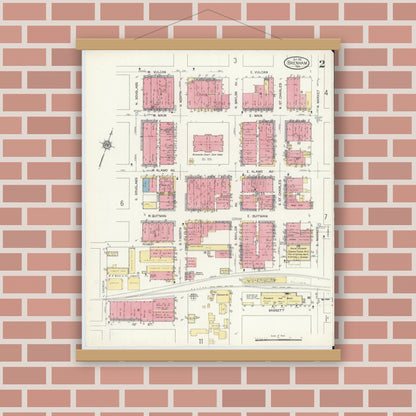 Old map wall art mockup — magnetic wood frame on brick wall — Sanborn Fire Insurance Map from Brenham, Washington County, Texas (1912), Sheet #0002