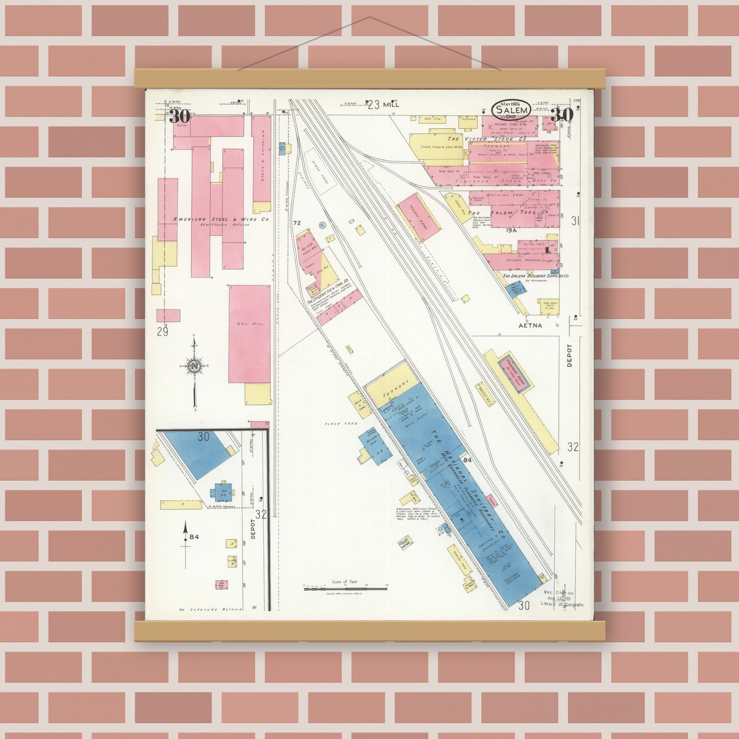 Old map wall art mockup — magnetic wood frame on brick wall — Sanborn Fire Insurance Map from Salem, Columbiana County, Ohio (1926), Sheet #0030