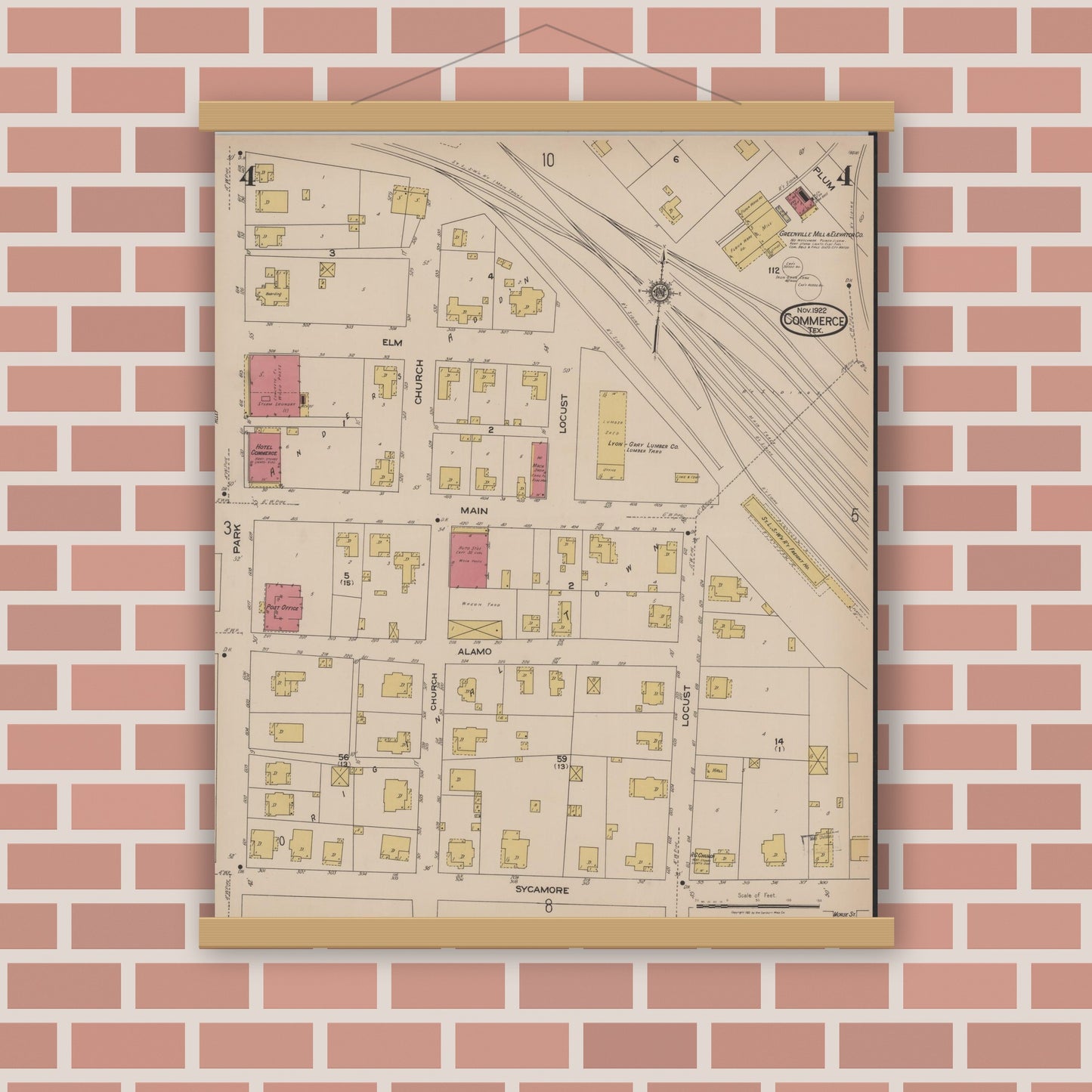 Old map wall art mockup — magnetic wood frame on brick wall — Sanborn Fire Insurance Map from Commerce, Hunt County, Texas (1922), Sheet #0004