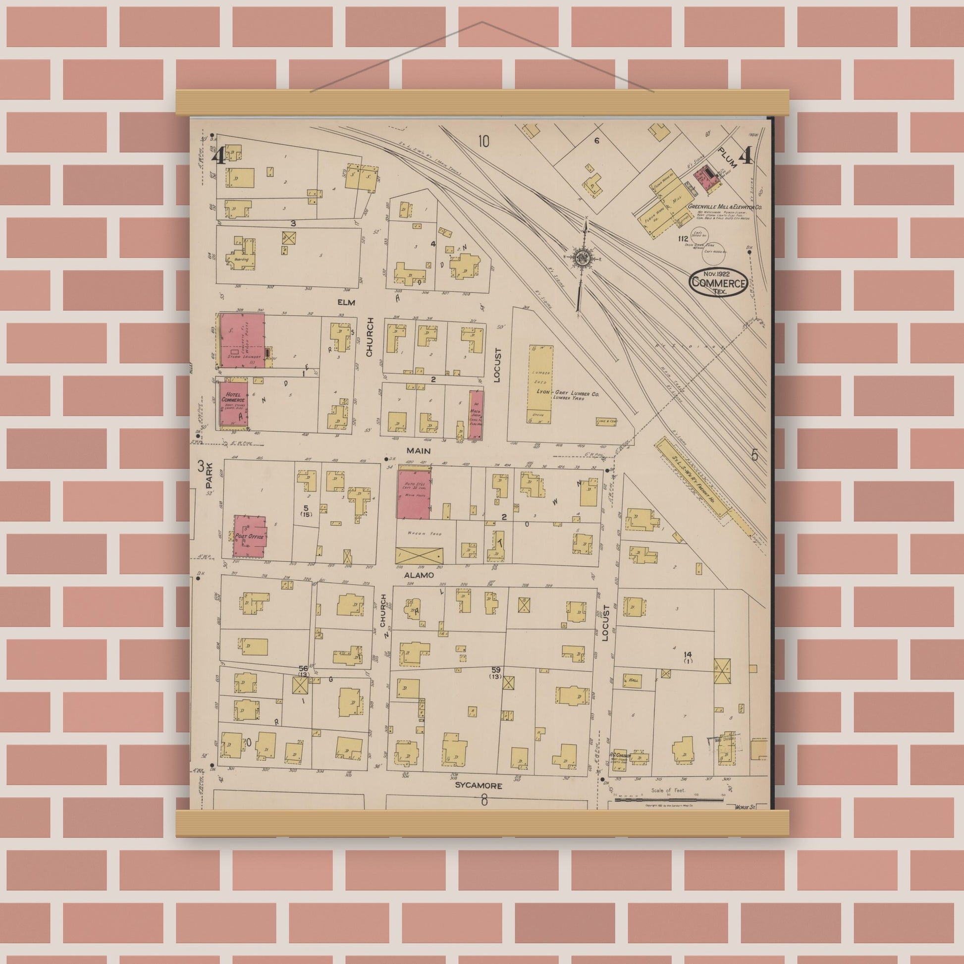 Old map wall art mockup — magnetic wood frame on brick wall — Sanborn Fire Insurance Map from Commerce, Hunt County, Texas (1922), Sheet #0004