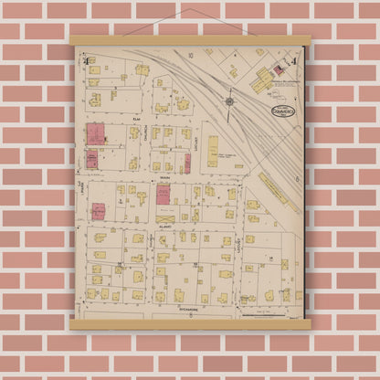 Old map wall art mockup — magnetic wood frame on brick wall — Sanborn Fire Insurance Map from Commerce, Hunt County, Texas (1922), Sheet #0004