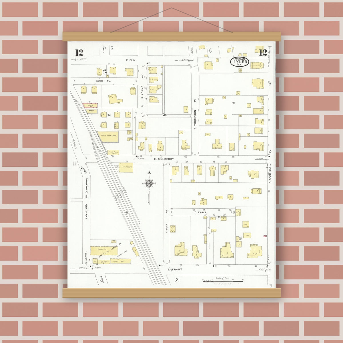 Old map wall art mockup — magnetic wood frame on brick wall — Sanborn Fire Insurance Map from Tyler, Smith County, Texas (1928), Sheet #0012