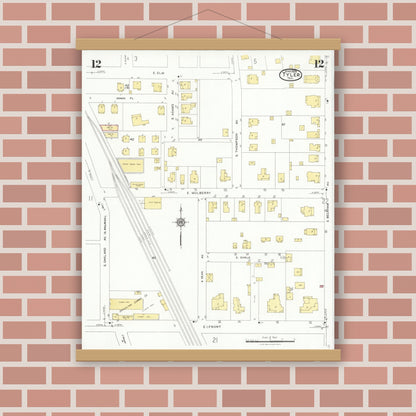 Old map wall art mockup — magnetic wood frame on brick wall — Sanborn Fire Insurance Map from Tyler, Smith County, Texas (1928), Sheet #0012