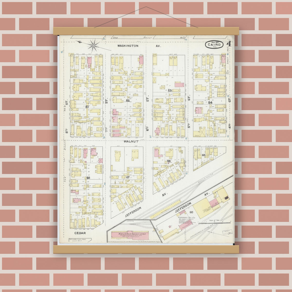 Old map wall art mockup — magnetic wood frame on brick wall — Sanborn Fire Insurance Map from Cairo, Alexander County, Illinois (1891), Sheet #0004