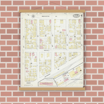 Old map wall art mockup — magnetic wood frame on brick wall — Sanborn Fire Insurance Map from Cairo, Alexander County, Illinois (1891), Sheet #0004