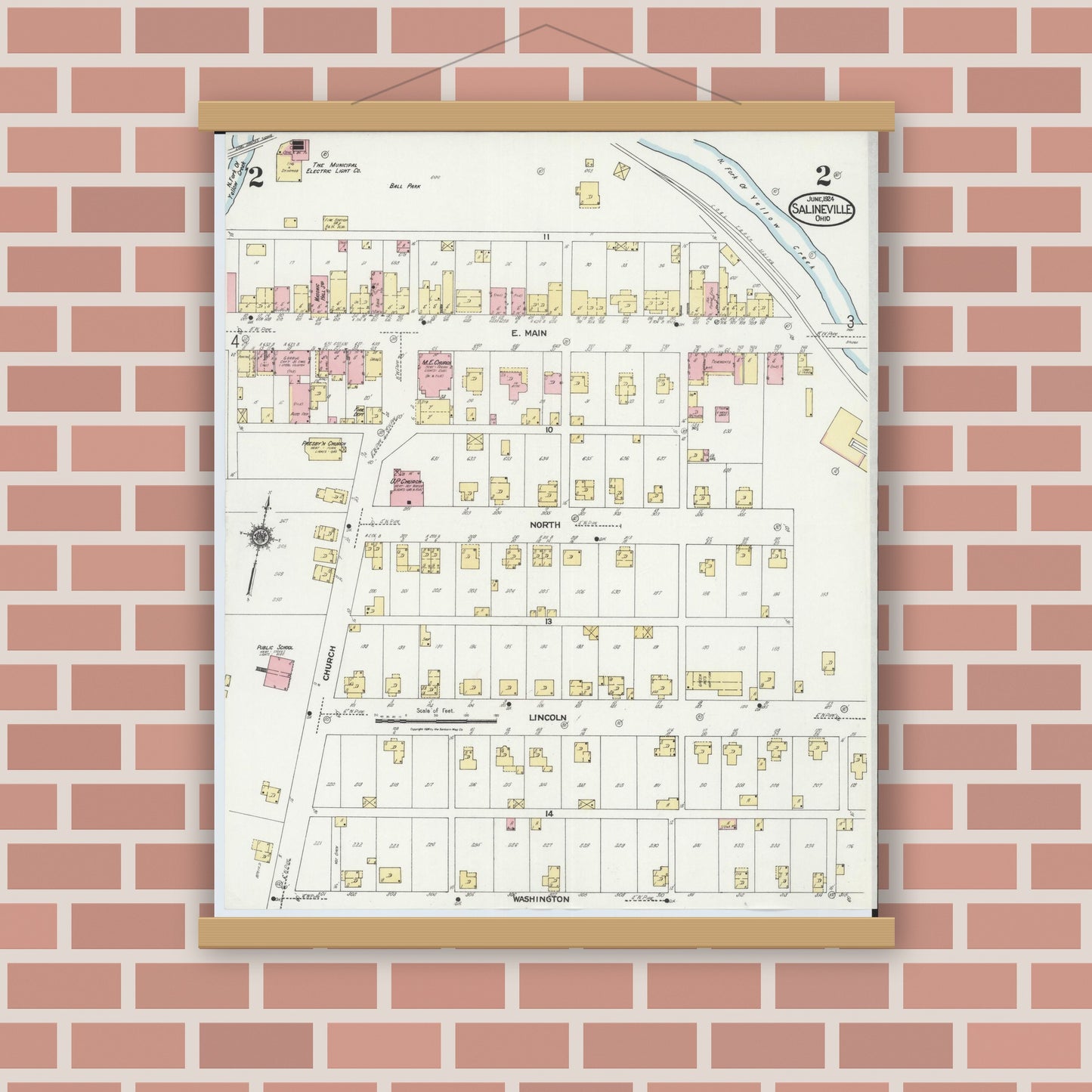 Old map wall art mockup — magnetic wood frame on brick wall — Sanborn Fire Insurance Map from Salineville, Columbiana County, Ohio (1924), Sheet #0002