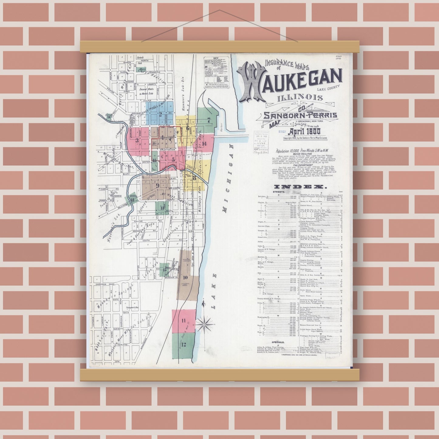 Old map wall art mockup — magnetic wood frame on brick wall — Sanborn Fire Insurance Map from Waukegan, Lake County, Illinois (1900), Sheet #0001