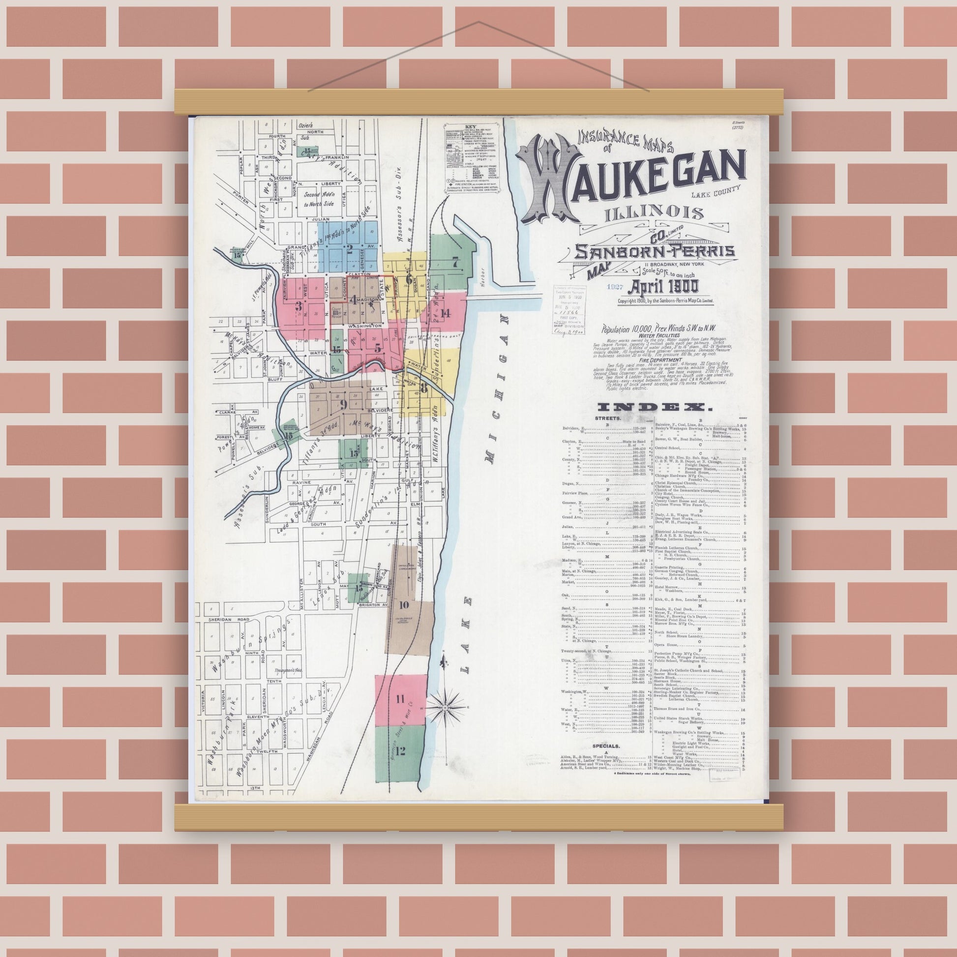 Old map wall art mockup — magnetic wood frame on brick wall — Sanborn Fire Insurance Map from Waukegan, Lake County, Illinois (1900), Sheet #0001