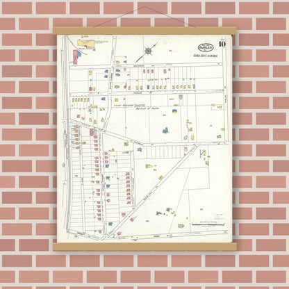 Old map wall art mockup — magnetic wood frame on brick wall — Sanborn Fire Insurance Map from Ambler, Montgomery County, Pennsylvania (1921), Sheet #0010