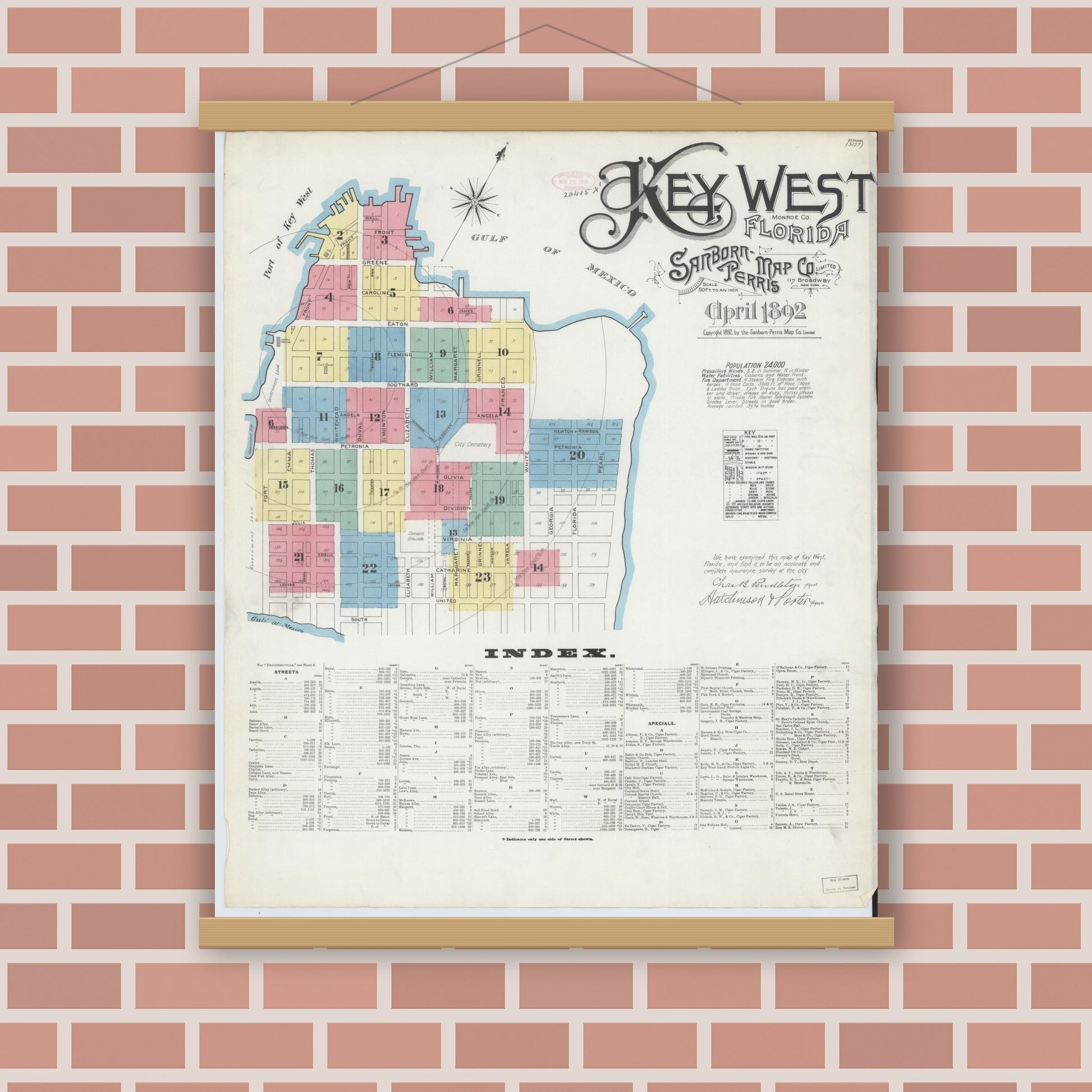 Old map wall art mockup — magnetic wood frame on brick wall — Sanborn Fire Insurance Map from Key West, Monroe County, Florida (1892) - Complete Map Set