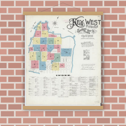 Old map wall art mockup — magnetic wood frame on brick wall — Sanborn Fire Insurance Map from Key West, Monroe County, Florida (1892) - Complete Map Set