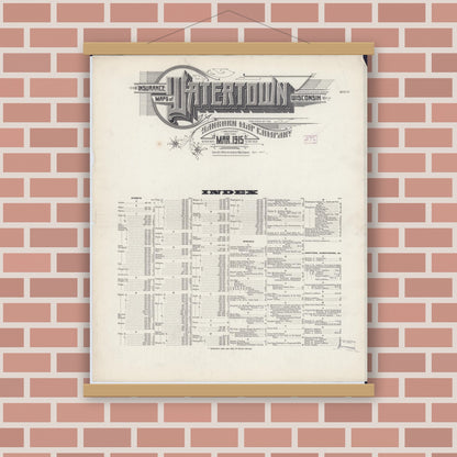 Old map wall art mockup — magnetic wood frame on brick wall — Sanborn Fire Insurance Map from Watertown, Jefferson County, Wisconsin (1915) - Complete Map Set