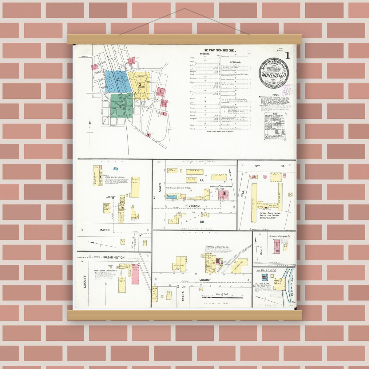 Old map wall art mockup — magnetic wood frame on brick wall — Sanborn Fire Insurance Map from Monticello, Jones County, Iowa (1905) â€” Complete Set