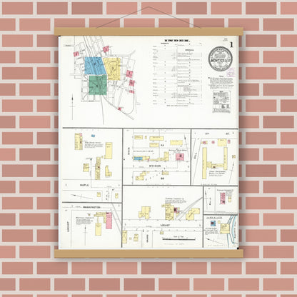 Old map wall art mockup — magnetic wood frame on brick wall — Sanborn Fire Insurance Map from Monticello, Jones County, Iowa (1905) â€” Complete Set