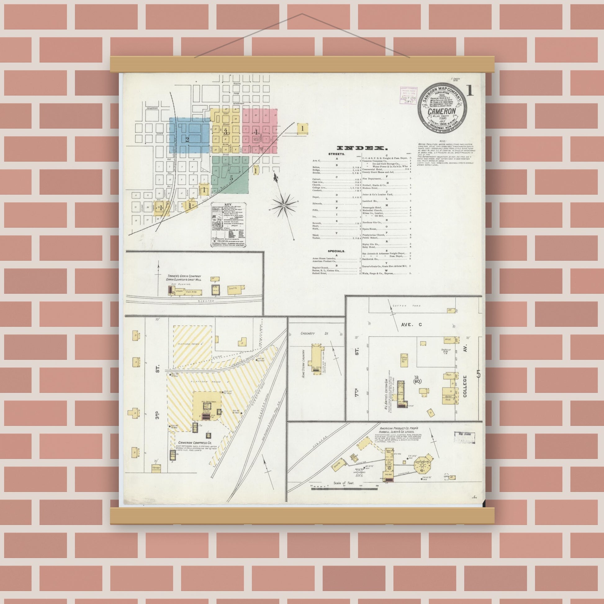 Old map wall art mockup — magnetic wood frame on brick wall — Sanborn Fire Insurance Map from Cameron, Milam County, Texas (1906), Sheet #0001