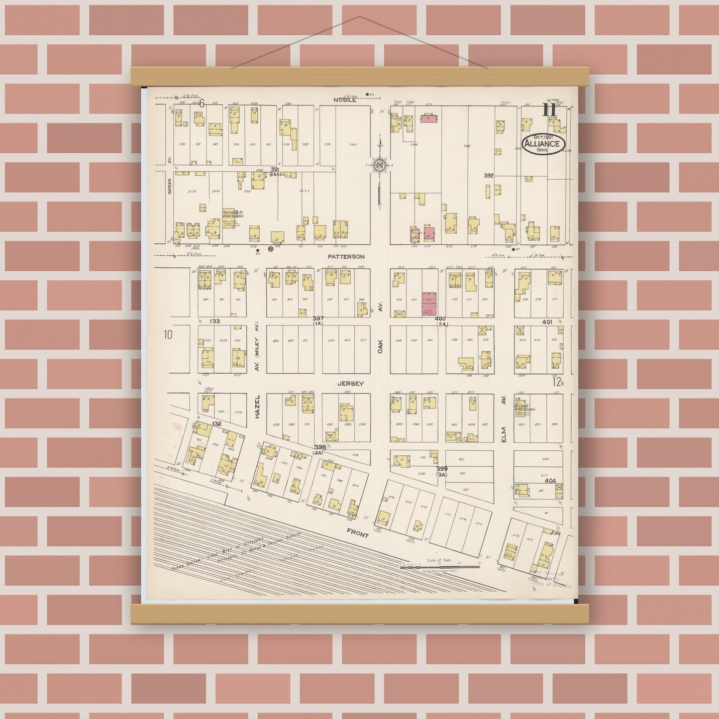 Old map wall art mockup — magnetic wood frame on brick wall — Sanborn Fire Insurance Map from Alliance, Stark County, Ohio (1921), Sheet #0011