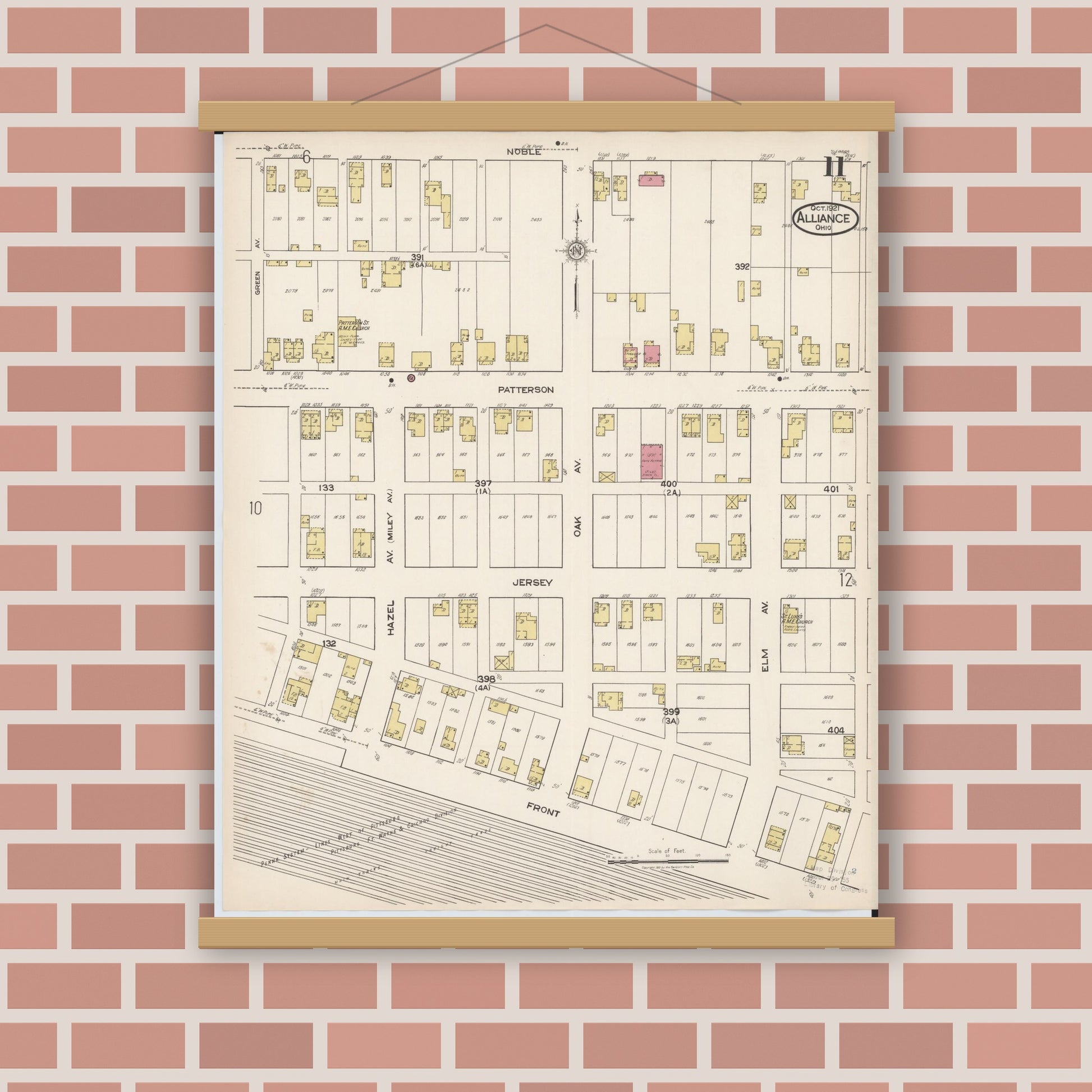 Old map wall art mockup — magnetic wood frame on brick wall — Sanborn Fire Insurance Map from Alliance, Stark County, Ohio (1921), Sheet #0011