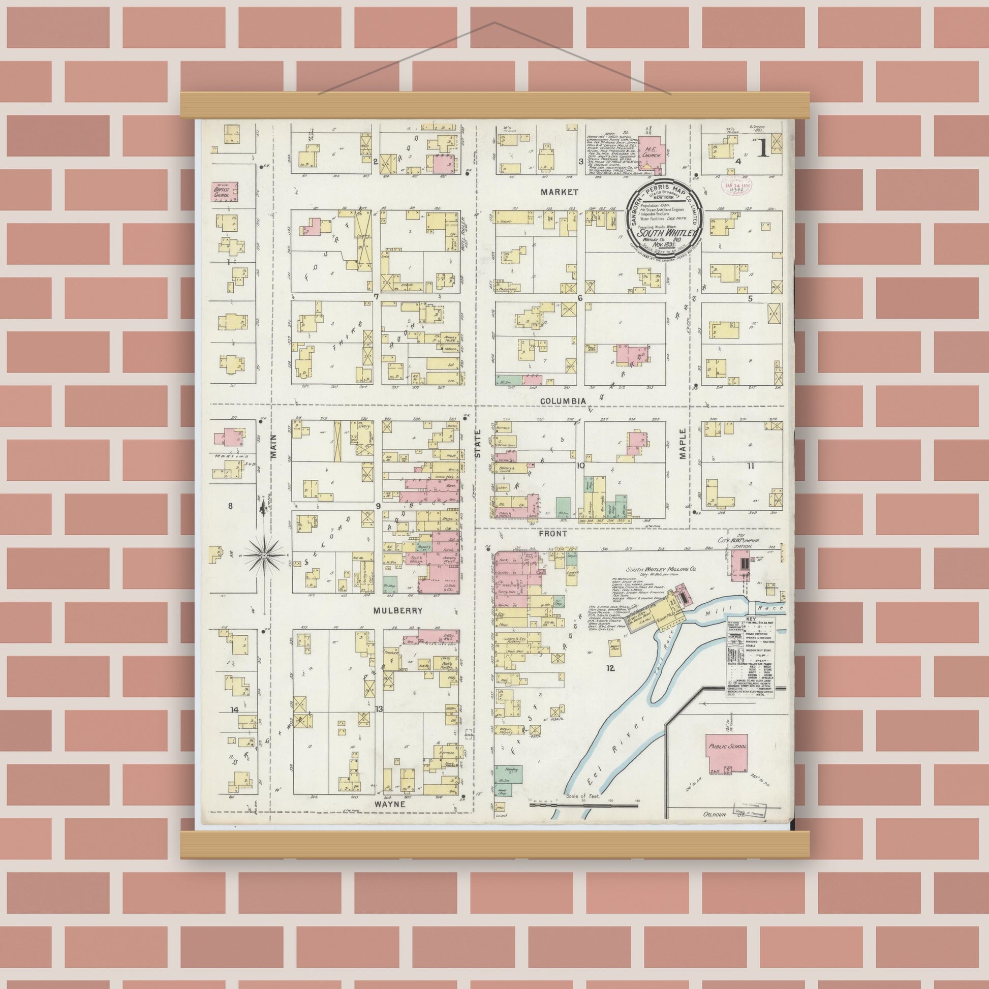 Old map wall art mockup — magnetic wood frame on brick wall — Sanborn Fire Insurance Map from South Whitley, Whitley County, Indiana (1895) - Complete Map Set