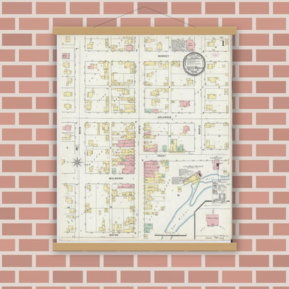 Old map wall art mockup — magnetic wood frame on brick wall — Sanborn Fire Insurance Map from South Whitley, Whitley County, Indiana (1895) - Complete Map Set