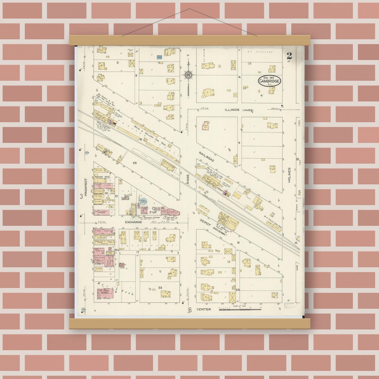 Old map wall art mockup — magnetic wood frame on brick wall — Sanborn Fire Insurance Map from Cambridge, Henry County, Illinois (1913), Sheet #0002