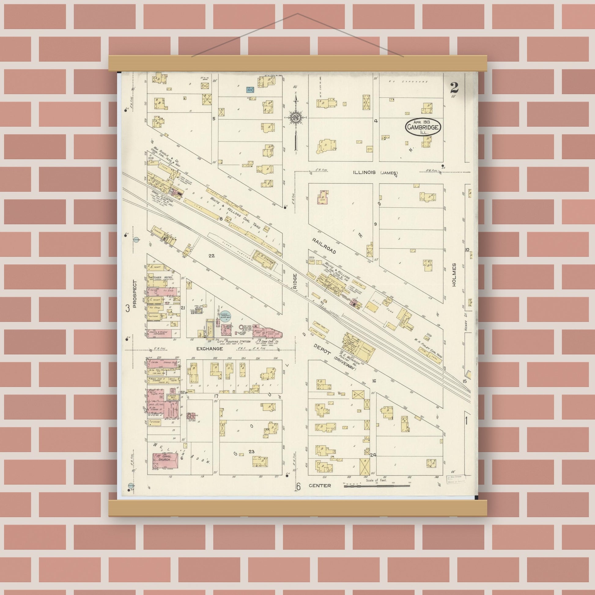 Old map wall art mockup — magnetic wood frame on brick wall — Sanborn Fire Insurance Map from Cambridge, Henry County, Illinois (1913), Sheet #0002