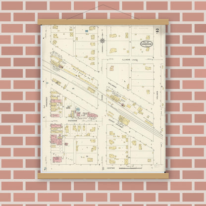Old map wall art mockup — magnetic wood frame on brick wall — Sanborn Fire Insurance Map from Cambridge, Henry County, Illinois (1913), Sheet #0002