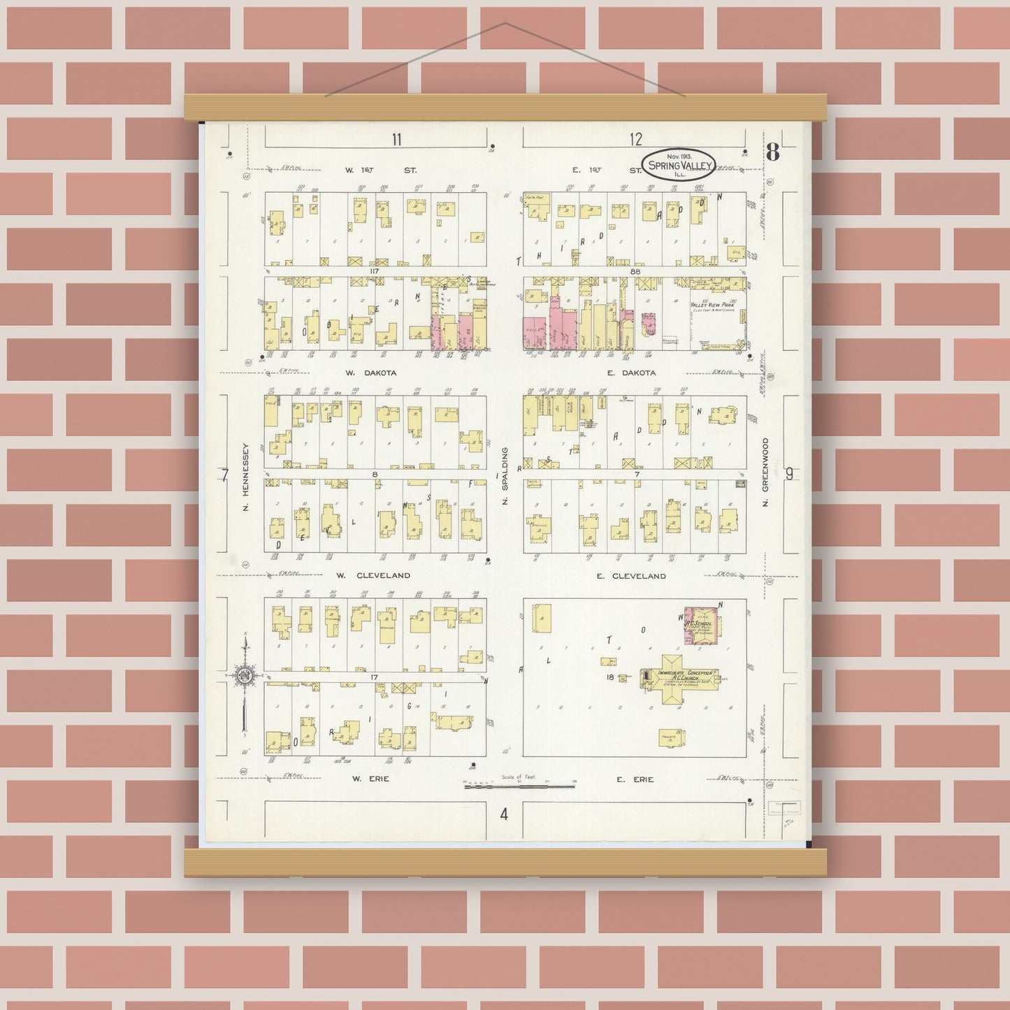 Old map wall art mockup — magnetic wood frame on brick wall — Sanborn Fire Insurance Map from Spring Valley, Bureau County, Illinois (1913), Sheet #0008