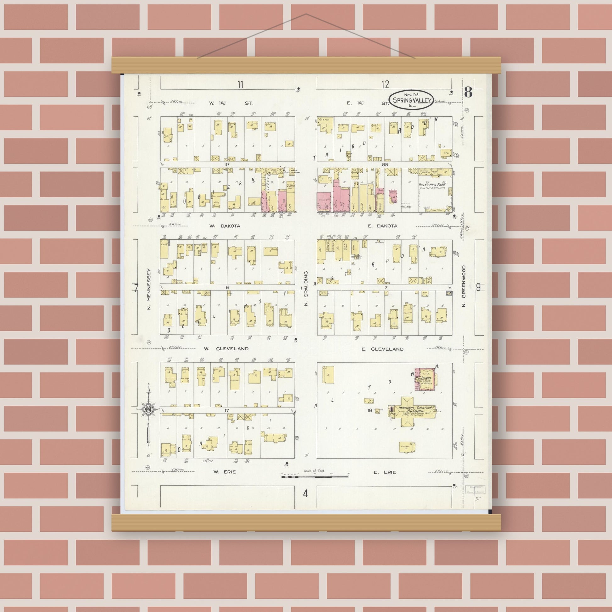 Old map wall art mockup — magnetic wood frame on brick wall — Sanborn Fire Insurance Map from Spring Valley, Bureau County, Illinois (1913), Sheet #0008