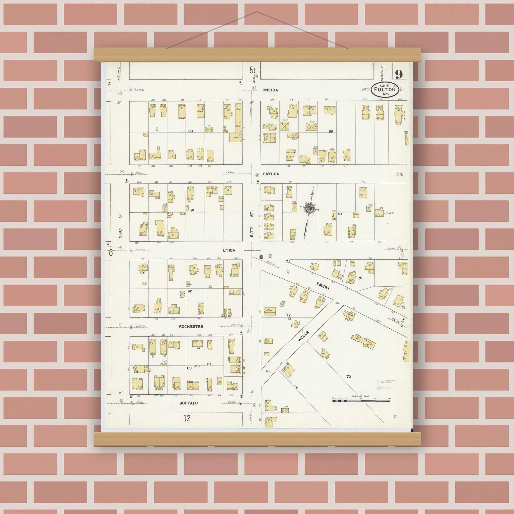 Old map wall art mockup — magnetic wood frame on brick wall — Sanborn Fire Insurance Map from Fulton, Oswego County, New York (1911), Sheet #0009
