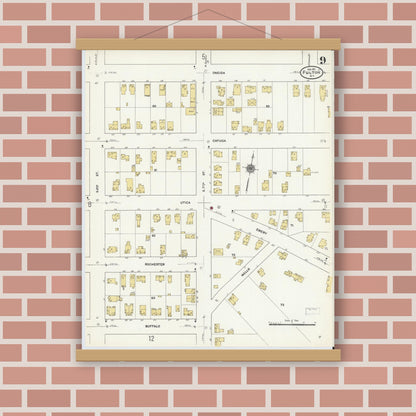 Old map wall art mockup — magnetic wood frame on brick wall — Sanborn Fire Insurance Map from Fulton, Oswego County, New York (1911), Sheet #0009
