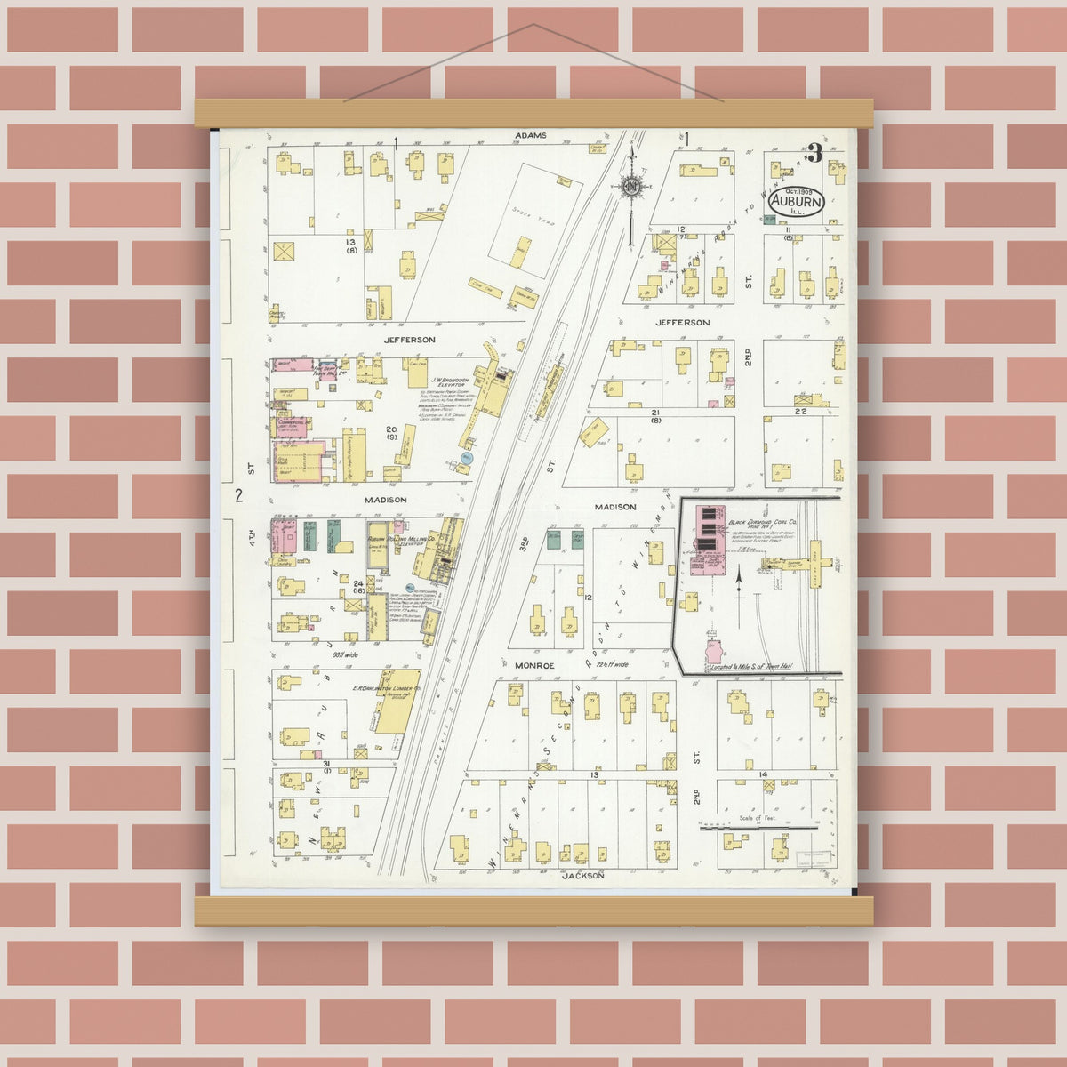 Old map wall art mockup — magnetic wood frame on brick wall — Sanborn Fire Insurance Map from Auburn, Sangamon County, Illinois (1909), Sheet #0003