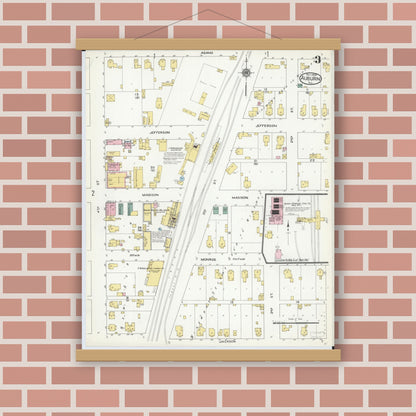 Old map wall art mockup — magnetic wood frame on brick wall — Sanborn Fire Insurance Map from Auburn, Sangamon County, Illinois (1909), Sheet #0003
